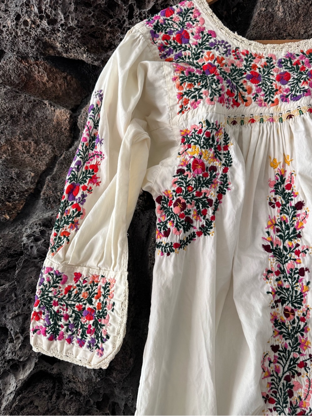 Vintage 60s 70s Cotton Oaxacan Maxi Dress w/ Colorful Floral Hand-Embroidery Med - Picture 10 of 16
